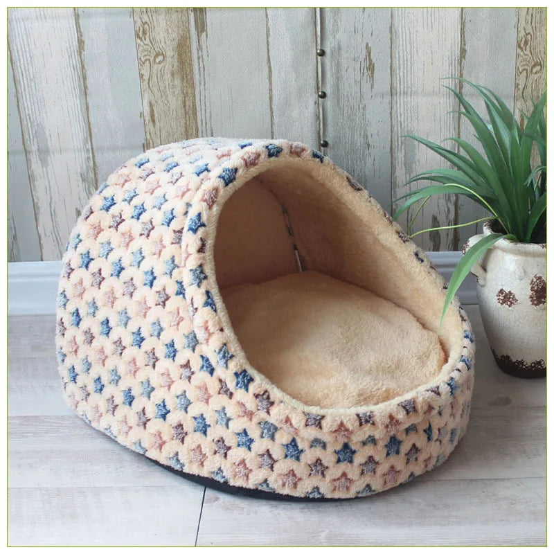 Soft cozy pet house bed for small dogs and cats, featuring a plush interior and enclosed design for comfort.