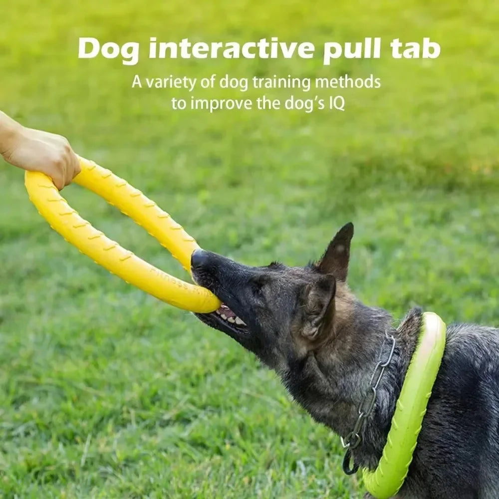 Yellow dog flying disk toy with a training ring, puller, and anti-bite floating material for outdoor play and training.
