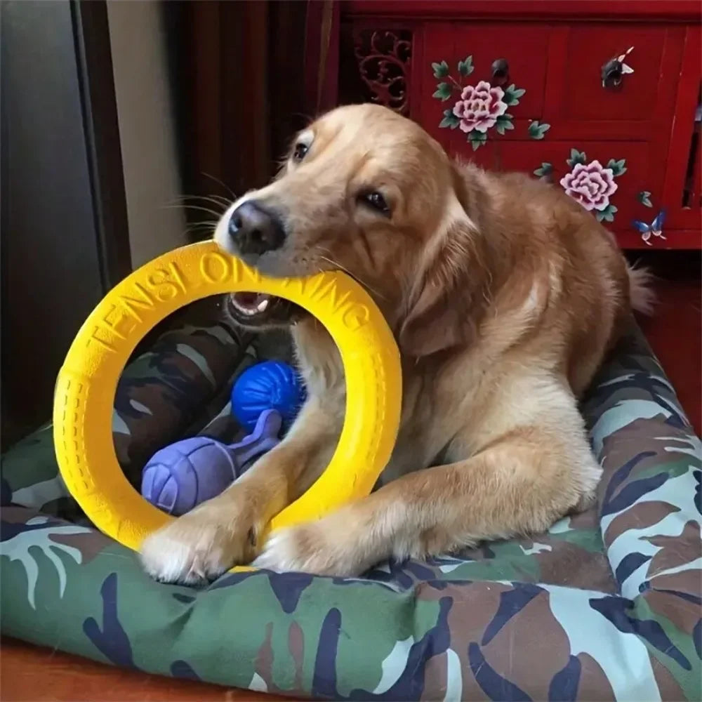 Yellow flying disk dog toy by AliExpress with a training ring, puller, anti-bite, and floating features for active play.