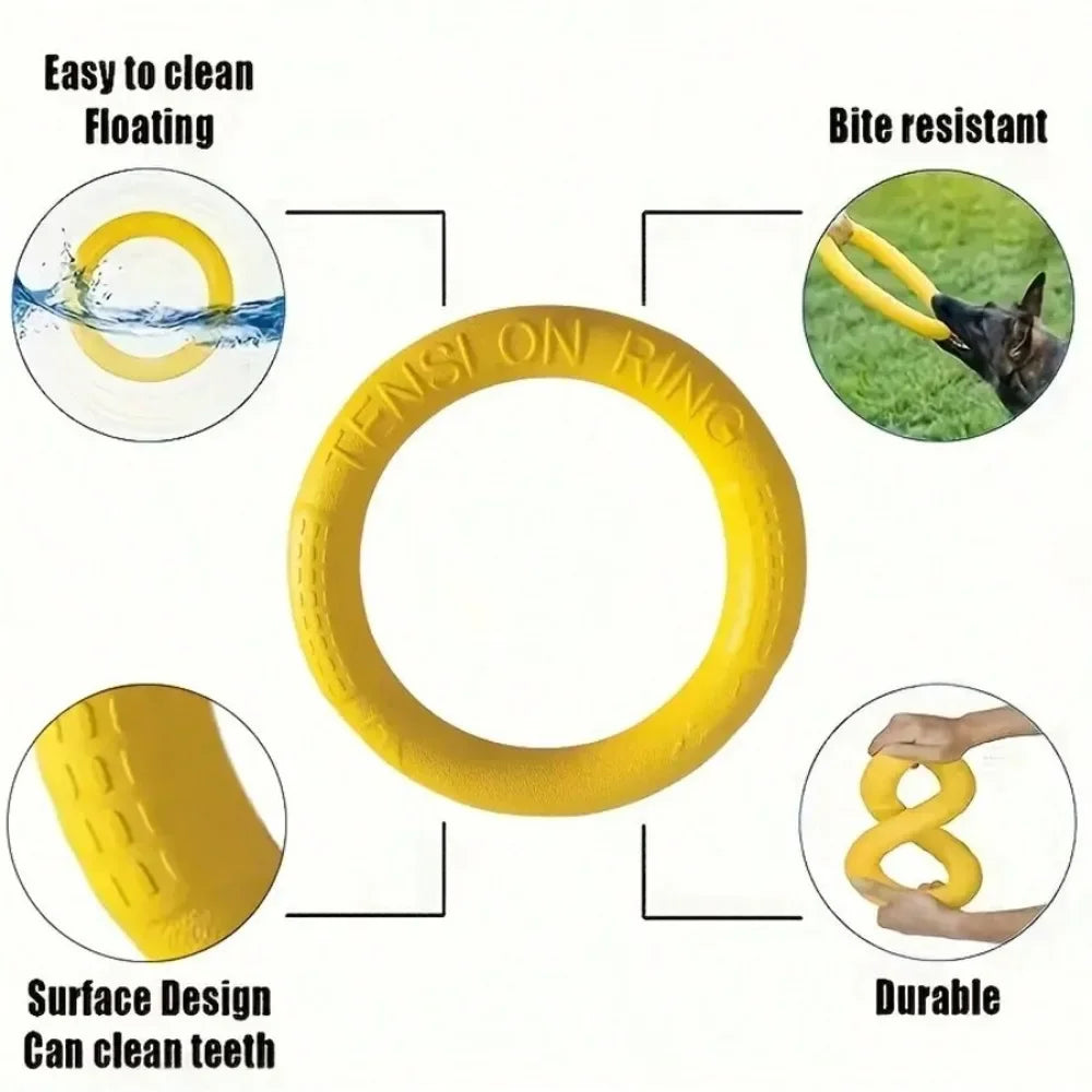 Yellow dog toy flying disk with ring puller, anti-bite design, floating for training and play, durable material for pets.