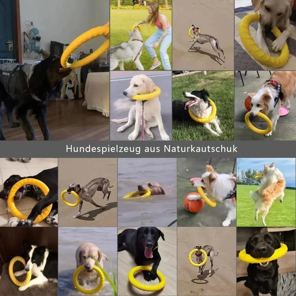 Yellow dog flying disk toy with training ring and puller, anti-bite floating design for active play and training.
