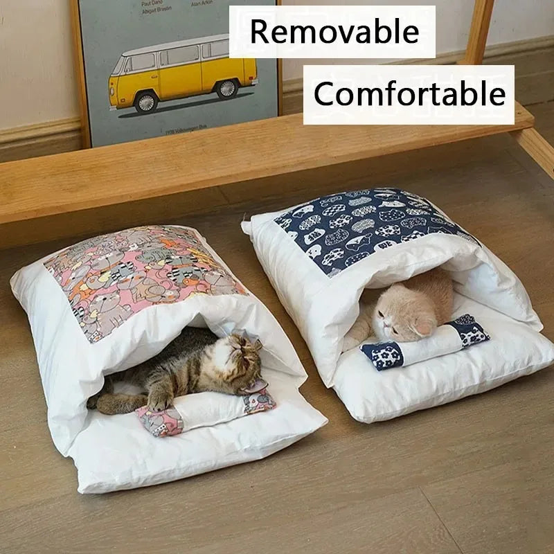 Blue kawaii removable cat bed house, cozy design for adult cats, made of soft fabric, ideal for home and comfort.