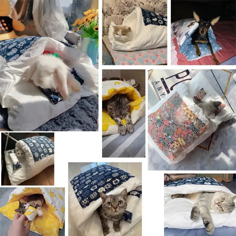 Kawaii blue removable cat bed house for adult cats, cozy and soft with a cute design, ideal for home use.