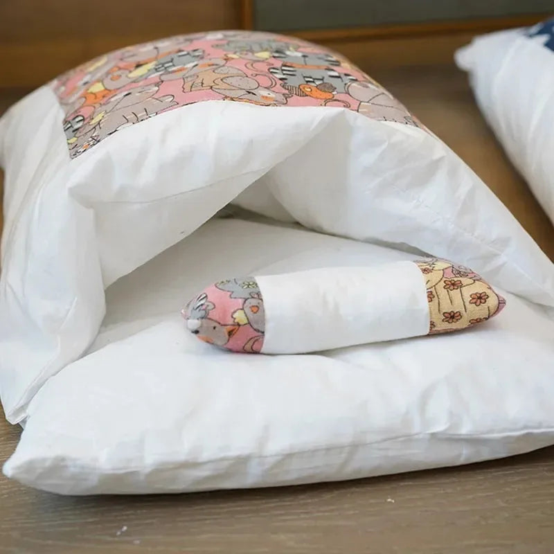Blue kawaii removable cat bed house for adult cats, cozy and soft, made for comfortable indoor feline resting.