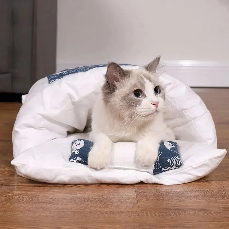 Blue kawaii removable cat bed house for adult cats, soft fabric with cute design, ideal for cozy feline comfort.