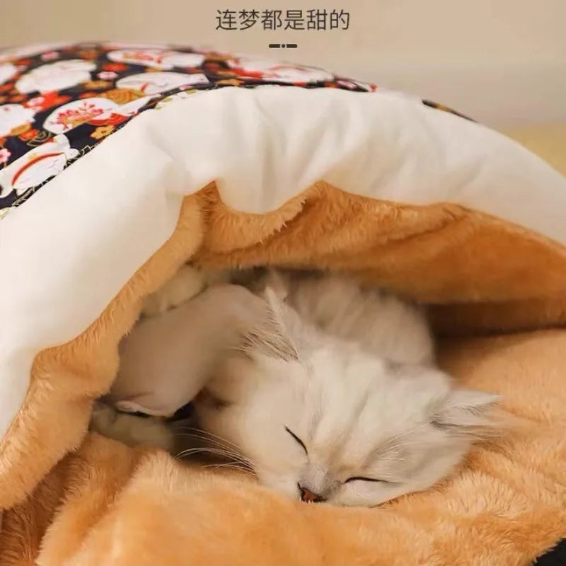 Kawaii removable blue cat bed house for adult cats, soft and cozy with a cute design, ideal for indoor feline comfort.