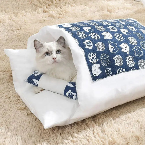 Kawaii blue removable cat bed house for adult cats, cozy and soft with a cute design, ideal for feline comfort and home decor.