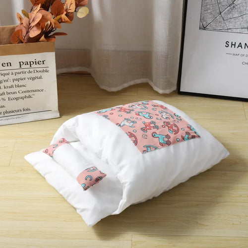 Kawaii removable blue cat bed house for adult cats, soft cozy shelter with a cute design, ideal for feline comfort and home decor.