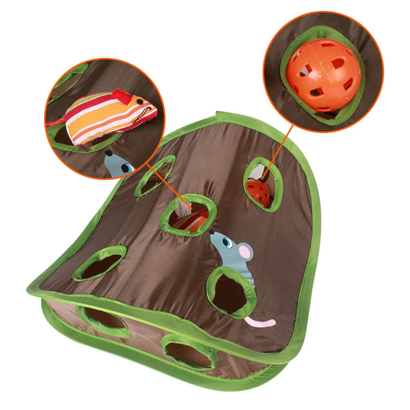 Cat toy tunnel with bell and nine holes, designed for cats to play and boost intelligence, featuring a colorful fabric and playful mice.