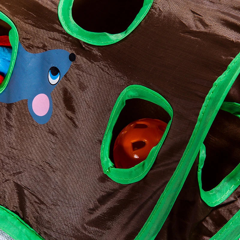 Cat toys: AliExpress nine-hole bell tent with mice game and tunnel, designed for playful cats to hide, chase, and explore.
