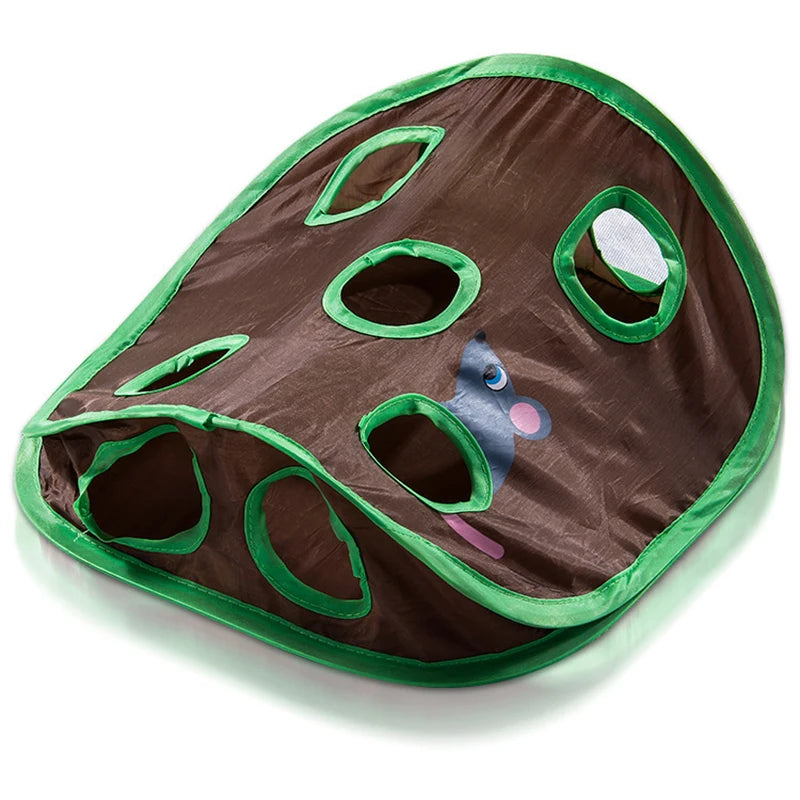Colorful cat maze toy with bell tent and nine holes, designed to stimulate cats' play and intelligence with mice game elements.