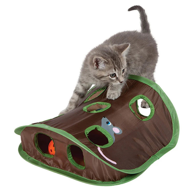 Colorful cat toy tunnel with bells and nine holes, designed for cats to play, stimulate their intelligence, and chase mice.