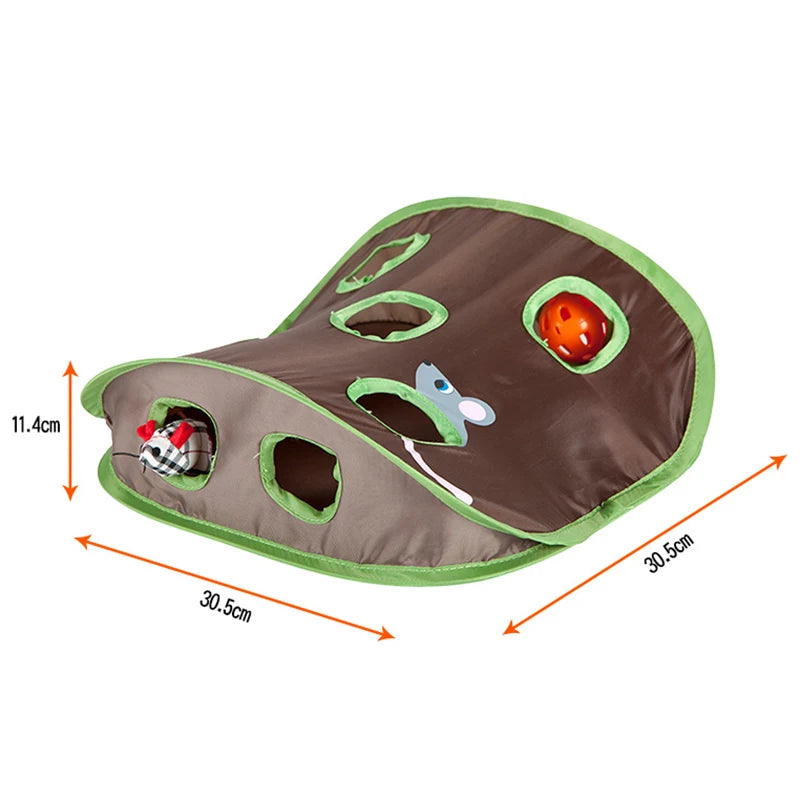 Colorful AliExpress cat toy with a bell tent and nine-hole tunnel, designed to stimulate cats with mice game and play features.