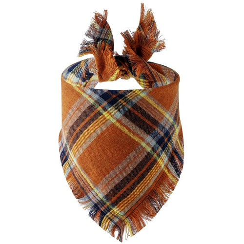 Plaid tassel dog bandana and pet triangular scarf for dogs and cats, stylish pet apparel in a classic plaid pattern.