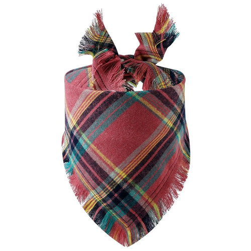 Plaid tassel dog bandana and triangular pet scarf in vibrant colors, suitable for dogs and cats, by AliExpress Pet Apparel.