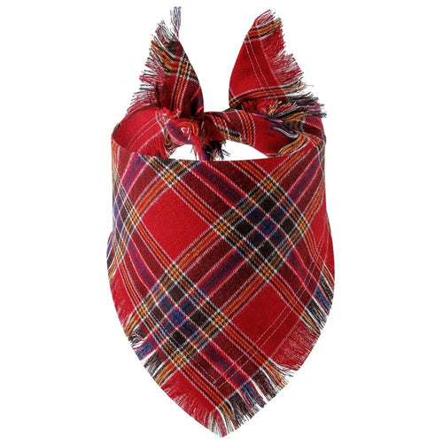 Plaid tassel dog bandana and pet scarf, triangular pet apparel for dogs and cats, in vibrant plaid fabric.