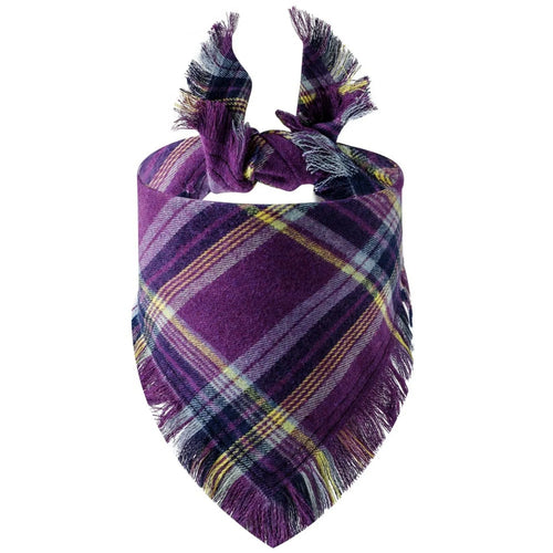 Plaid tassel dog bandana pet scarf, triangular pet apparel for dogs and cats, featuring a stylish plaid design and tassel details.