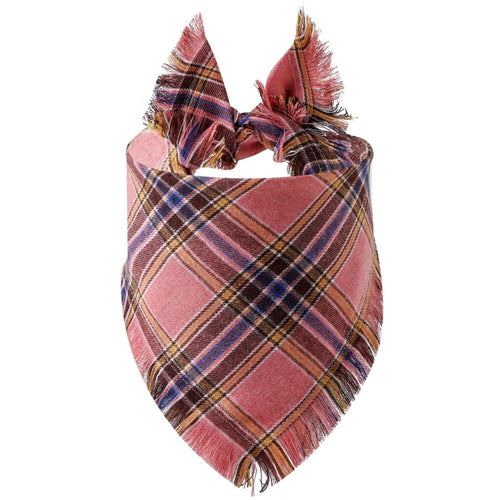 Plaid tassel pet bandana for dogs and cats, triangular scarf in natural plaid pattern, stylish pet apparel for pets.