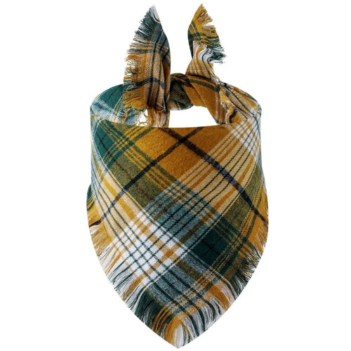 Plaid tassel dog bandana and pet triangular scarf, suitable for dogs and cats, featuring a stylish pet apparel design.