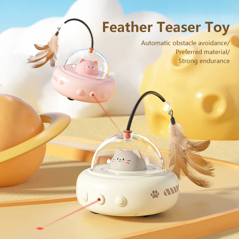 Pink UFO-shaped cat teaser toy with a bell on a stick, designed for interactive play and training for cats.
