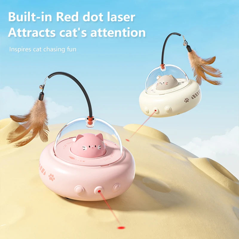Pink UFO-shaped interactive cat teaser toy with bell, designed to entertain and train cats with electric movement.