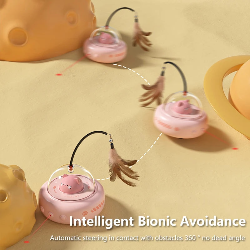 Pink UFO-shaped cat teaser toy with a bell, designed for interactive play and training for cats.