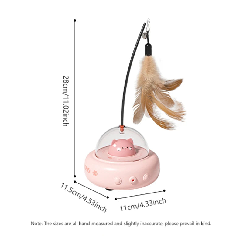 Pink UFO-shaped interactive cat teaser toy with a bell, designed for playful training and stimulation for cats.
