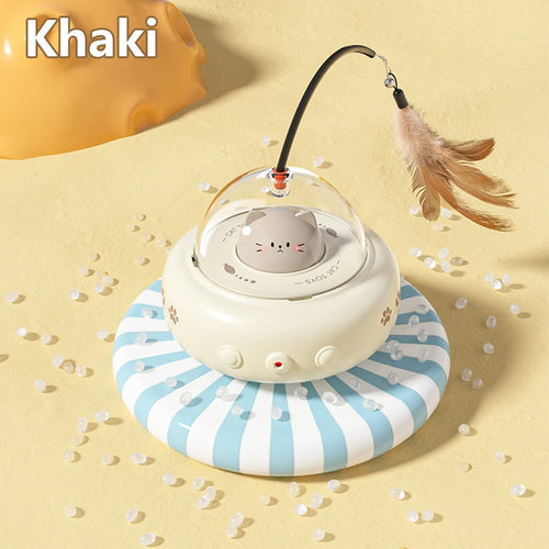 Pink UFO-shaped interactive cat teaser toy with bell, designed for feline play and training, from AliExpress.