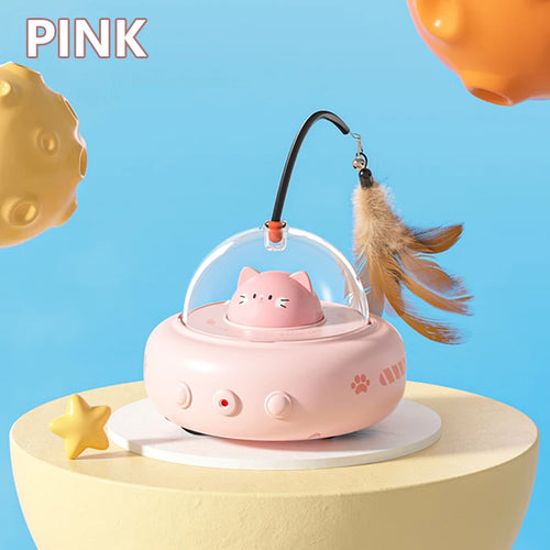 Pink UFO-shaped electric cat teaser toy with bell on a stick, designed for interactive play and training for cats.
