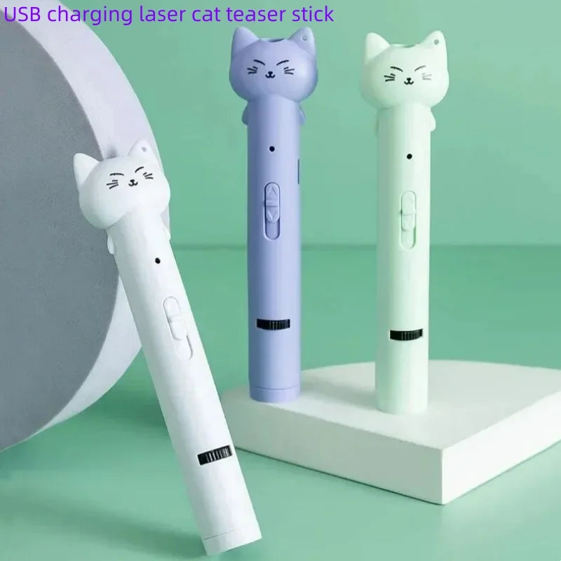 Purple USB laser cat toy with infrared laser light pattern, designed for interactive feline play and entertainment.