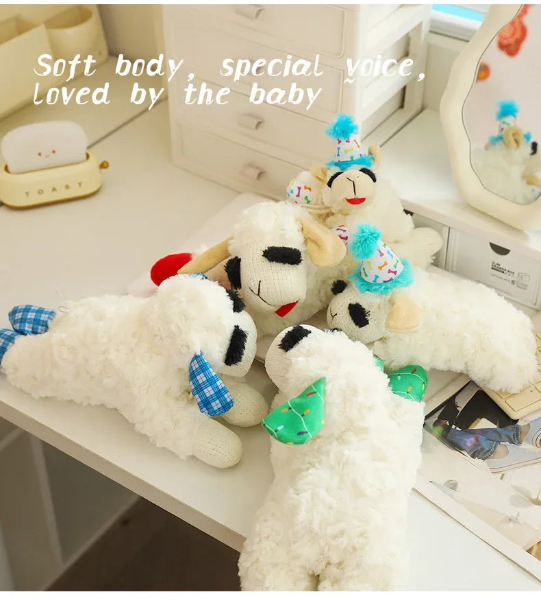 Soft plush dog toy featuring a squeaky lamb and lying sheep design, made of plush alpaca material for pets.