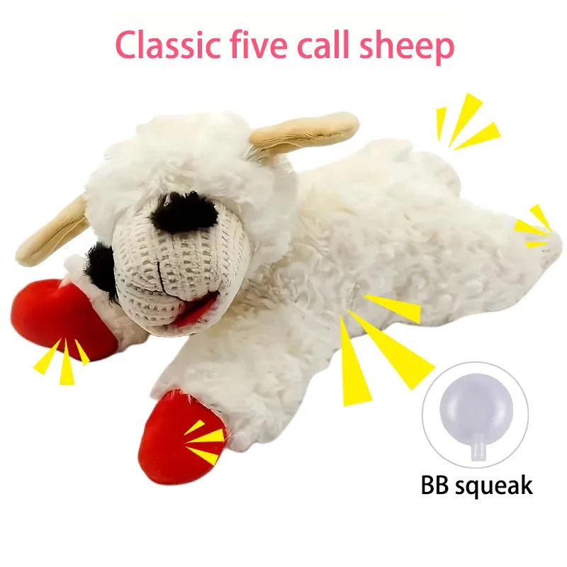 Soft plush dog toy featuring a squeaky lamb and lying sheep design, made with plush alpaca material for pets.