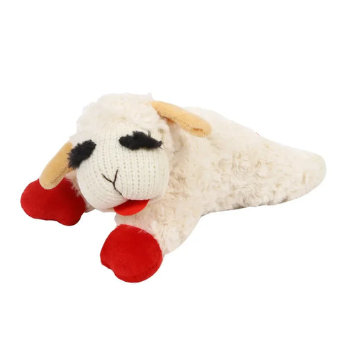 Soft plush dog toy featuring a squeaky lamb and lying sheep design, made of cuddly alpaca material for pets.