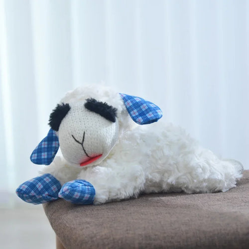 Red plush dog toy by AliExpress featuring a squeaky lamb and alpaca lying sheep in soft, cuddly fabric.