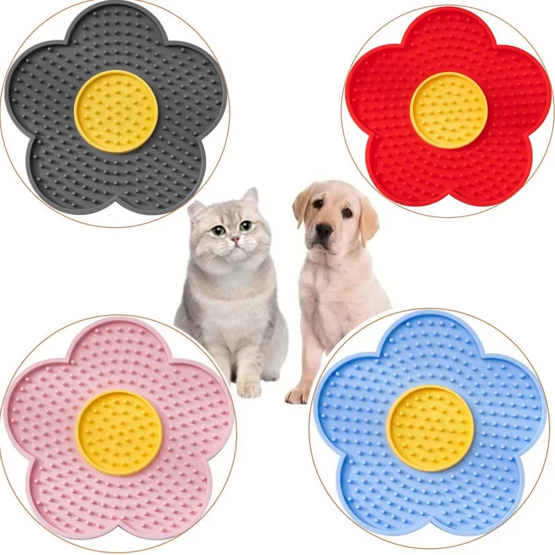 Red sunflower-shaped silicone pet licking pad for cats and dogs, designed as a slow feeder bowl for pet treats and food.
