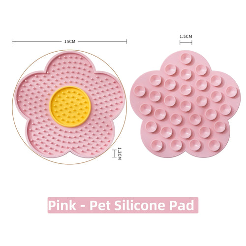 Red sunflower-shaped silicone pet licking pad for cats and dogs, designed as a slow feeder bowl for pet enrichment and grooming.