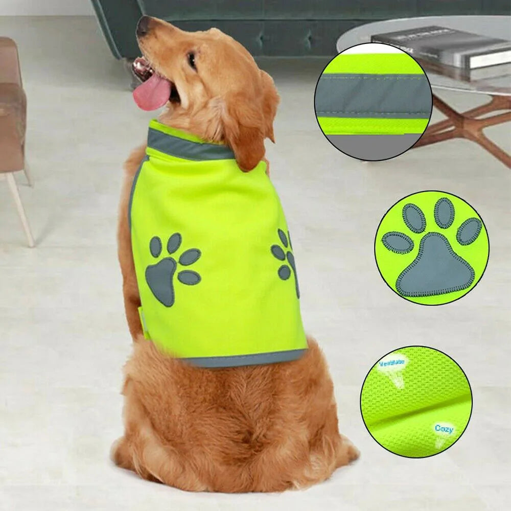 Yellow reflective dog safety vest with high visibility fluorescent material, designed for pet safety during nighttime walks.