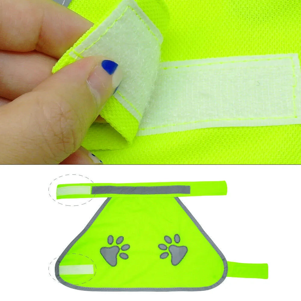 Bright yellow reflective dog safety vest with high visibility and fluorescent material, ideal for nighttime walks and outdoor safety.