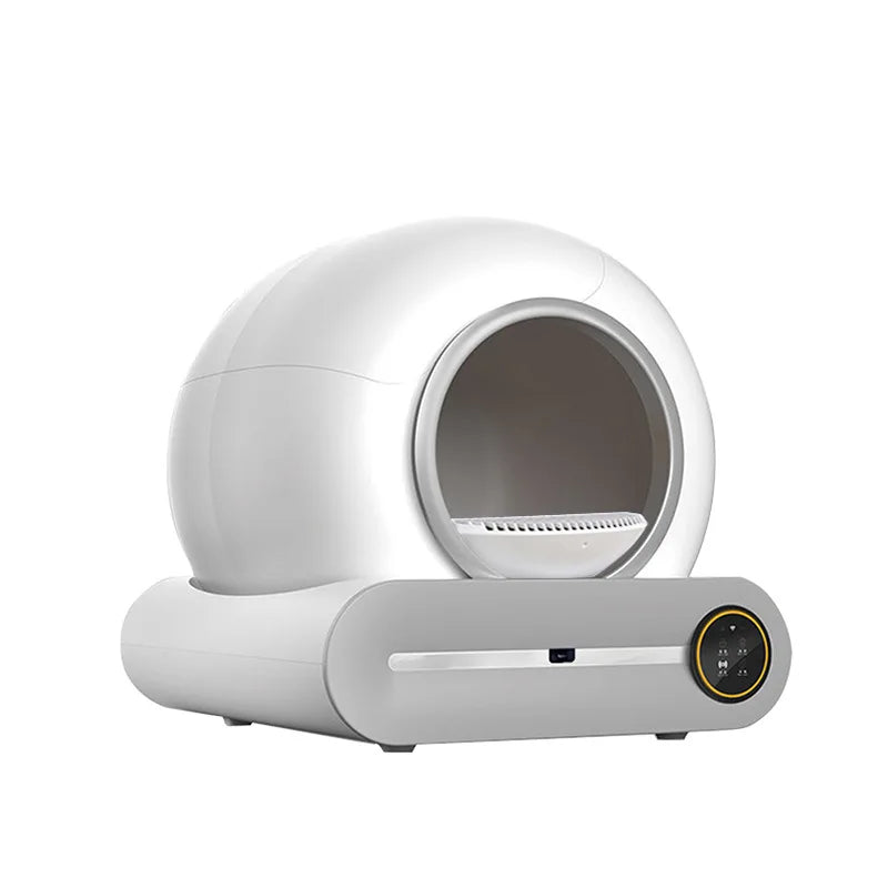 Automatic white electric cat litter box by AliExpress with self-cleaning feature for large cats, designed for easy maintenance.