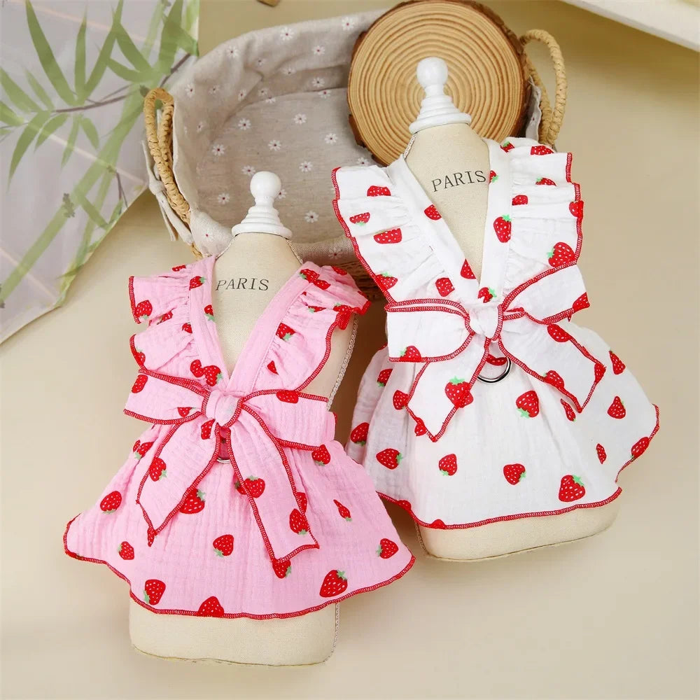 Pink strawberry-patterned summer dog dress with suspenders, pet apparel by AliExpress, perfect for warm weather and stylish pups.