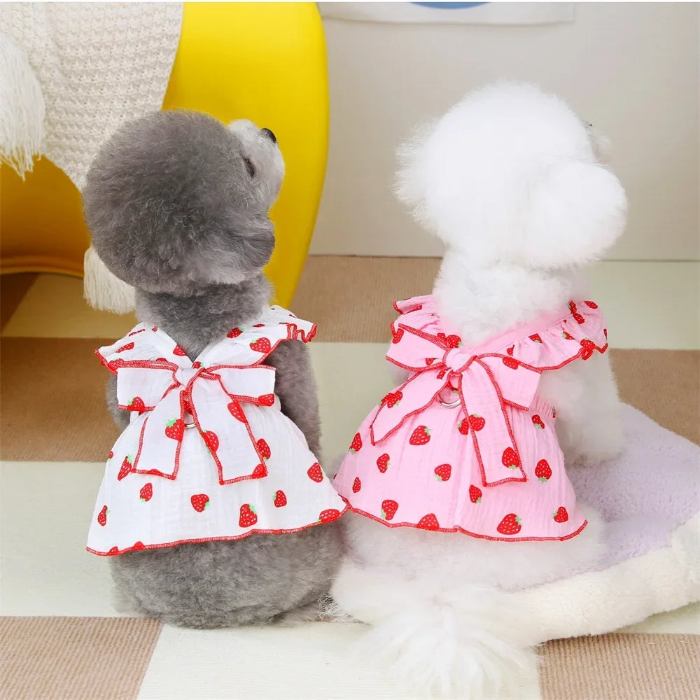 Pink strawberry pattern dog summer dress with suspenders, pet apparel by Brandywines Time for pets.