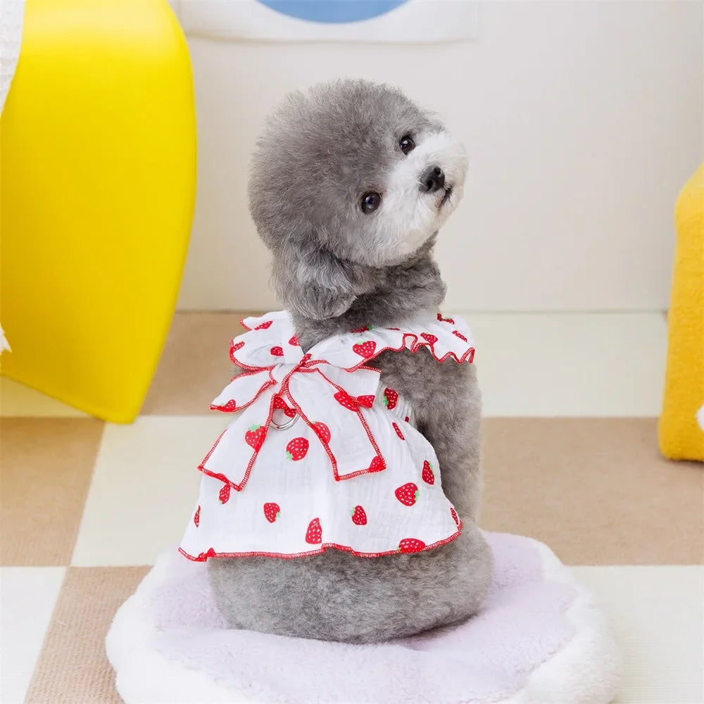 Pink strawberry-patterned summer dog dress with suspenders, pet apparel by AliExpress, featuring a cute and lightweight design for pets.