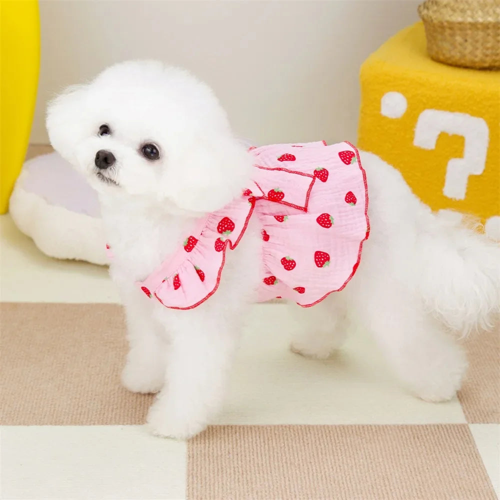 Pink strawberry-patterned dog summer dress with suspenders, pet apparel by AliExpress featuring a cute and comfortable design.