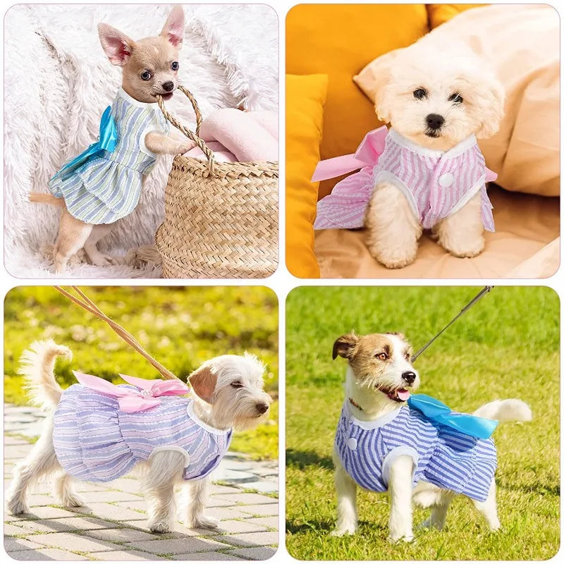 Pink summer pet dress with floral accents, striped plaid design for cats and puppies, cute pet clothing by AliExpress
