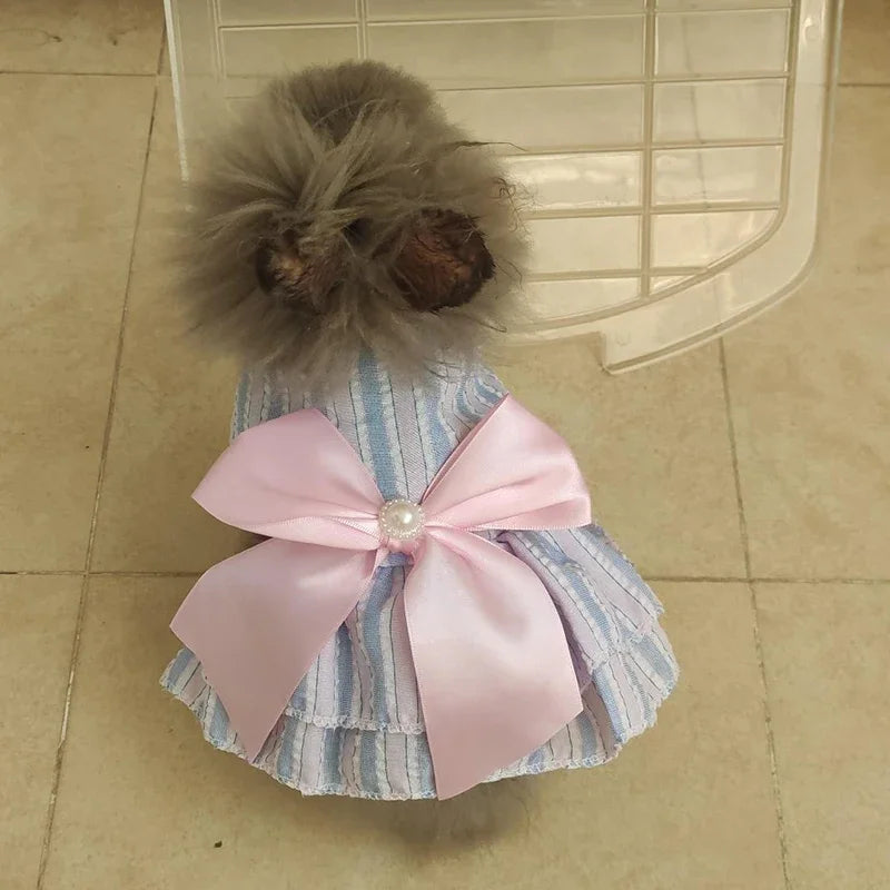 Pink striped plaid summer princess dress for cats and puppies, adorable pet apparel with floral accents and lightweight fabric.
