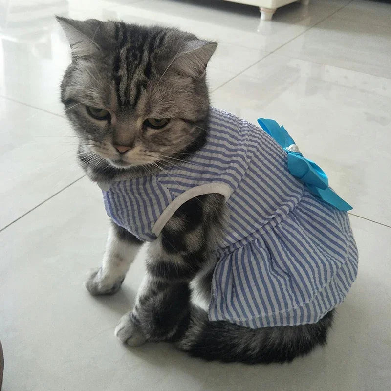 Pink summer pet dress for cats and puppies, featuring striped plaid design and floral accents, ideal for pet apparel.
