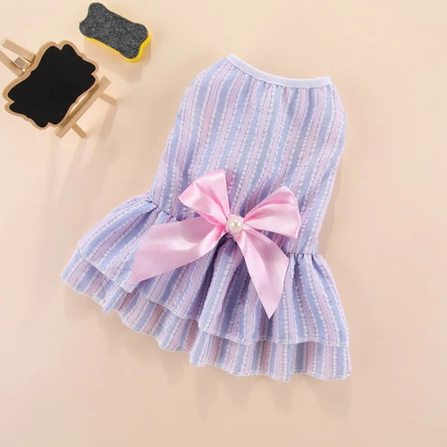 Pink plaid summer pet dress for cats and puppies, featuring striped design and floral accents, perfect for stylish pet apparel.