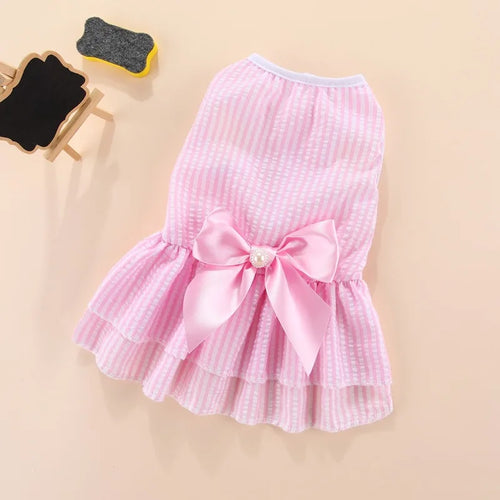 Pink striped plaid pet dress with floral accents, perfect for summer for cats and puppies, by AliExpress Pet Apparel.