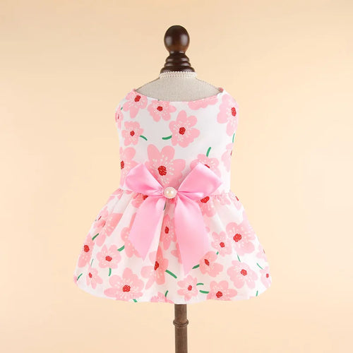 Pink floral summer pet dress for cats and puppies with striped plaid design, perfect for stylish pet apparel.