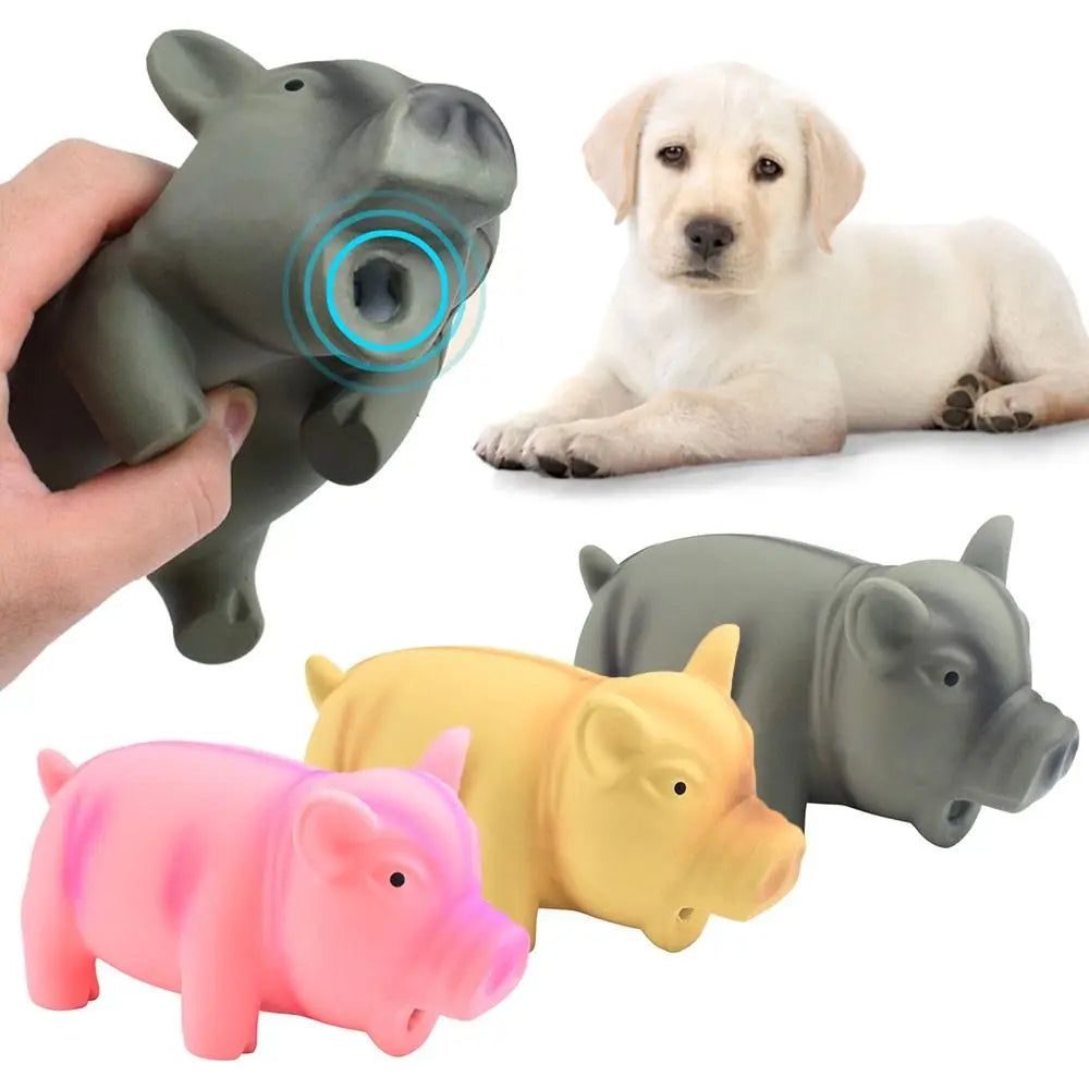 Yellow rubber pig dog toy with squeaking and grunting sounds, made of latex, designed for pets to chew and play.